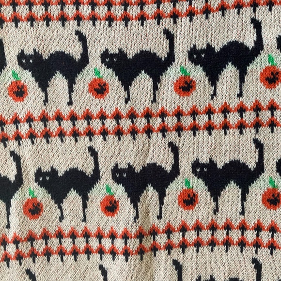 New Pumpkin Black Cat Halloween Sweater Orange Cream Long Sleeve Crew - Picture 7 of 15